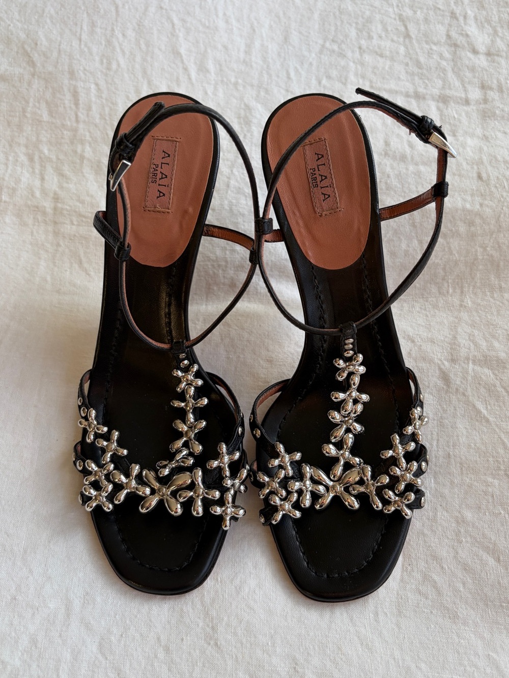 Vintage Alaia Embellished Metal Leather Open Toe T Strap Heels Black Silver